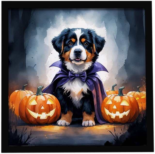 Main image of Bernese Mountain Dog Puppy Halloween Framed Metal Print Bathroom, Kitchen, Office, Home Decor Wall Art Ready to Hang, Square, 8X8