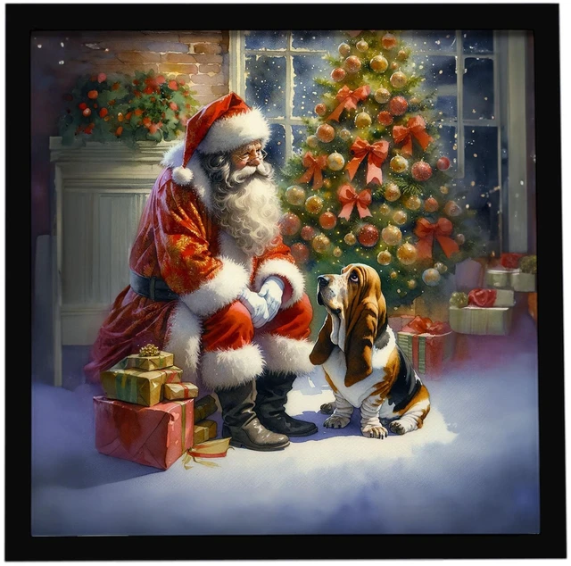 Main image of Basset Hound and Santa Claus Framed Metal Print Bathroom, Kitchen, Office, Home Decor Wall Art Ready to Hang, Square, 8X8