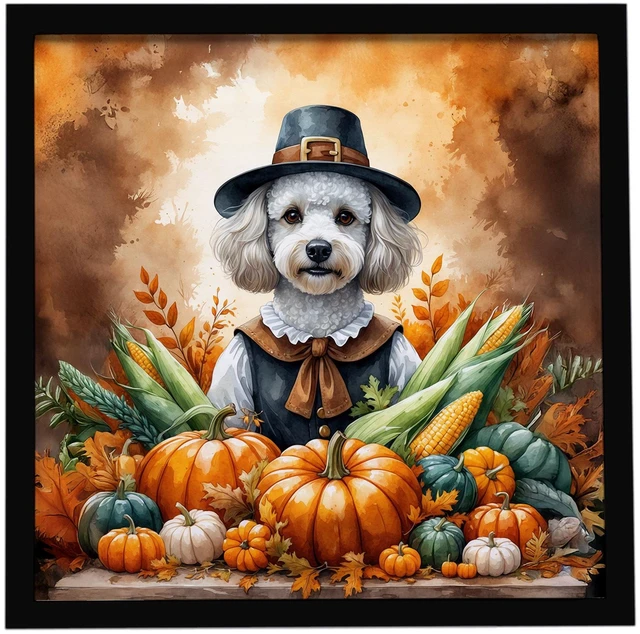 Main image of White Poodle Thanksgiving Framed Metal Print Bathroom, Kitchen, Office, Home Decor Wall Art Ready to Hang, Square, 8X8