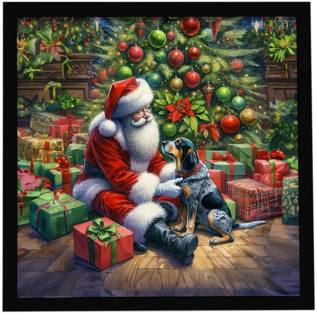 Main image of Bluetick Hound and Santa Claus Framed Metal Print Bathroom, Kitchen, Office, Home Decor Wall Art Ready to Hang, Square, 8X8