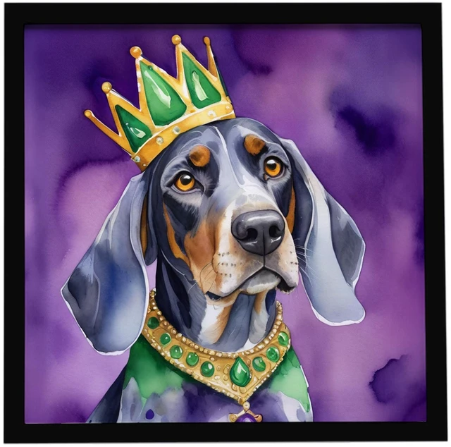 Main image of Bluetick Coonhound King of Mardi Gras Framed Metal Print Bathroom, Kitchen, Office, Home Decor Wall Art Ready to Hang, Square, 8X8