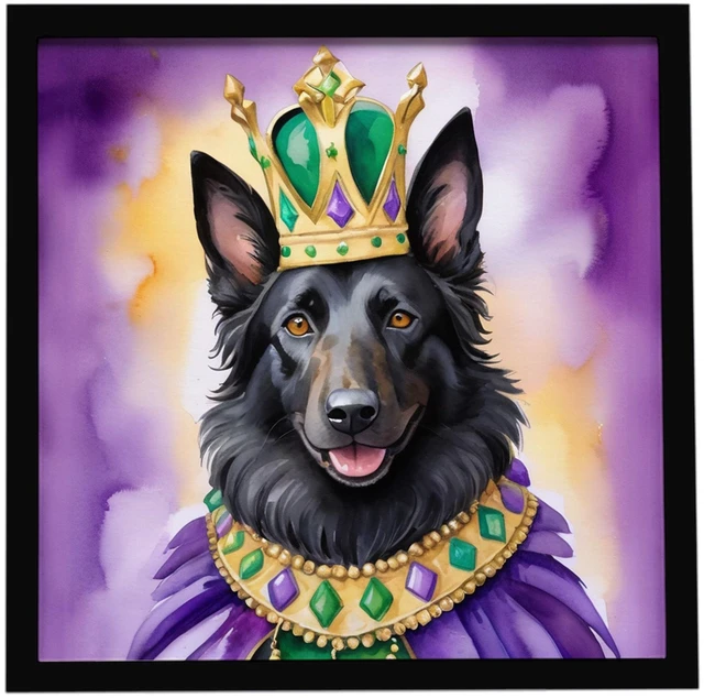 Main image of Belgian Sheepdog King of Mardi Gras Framed Metal Print Bathroom, Kitchen, Office, Home Decor Wall Art Ready to Hang, Square, 8X8