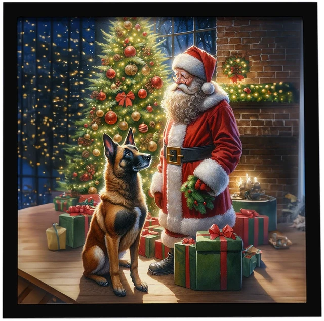 Main image of Belgian Malinois and Santa Claus Framed Metal Print Bathroom, Kitchen, Office, Home Decor Wall Art Ready to Hang, Square, 8X8