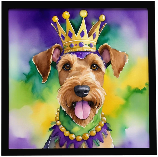 Main image of Airedale Terrier King of Mardi Gras Framed Metal Print Bathroom, Kitchen, Office, Home Decor Wall Art Ready to Hang, Square, 8X8