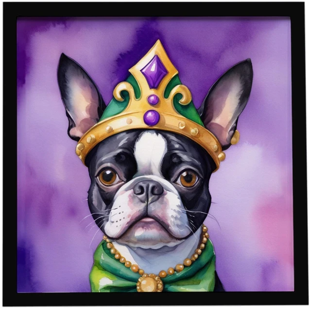 Main image of Boston Terrier King of Mardi Gras Framed Metal Print Bathroom, Kitchen, Office, Home Decor Wall Art Ready to Hang, Square, 8X8