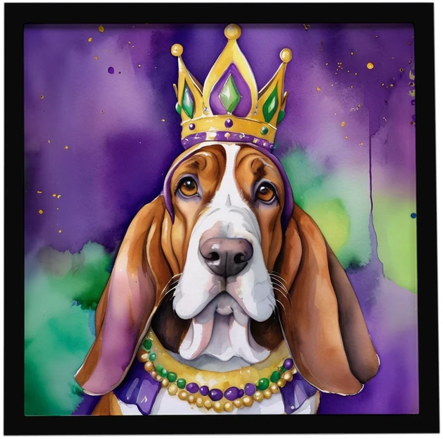Main image of Basset Hound King of Mardi Gras Framed Metal Print Bathroom, Kitchen, Office, Home Decor Wall Art Ready to Hang, Square, 8X8