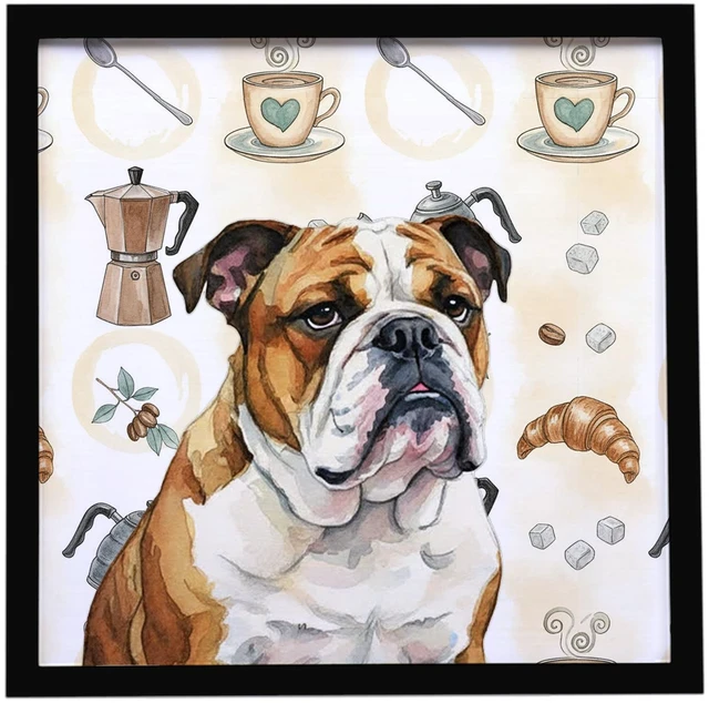 Main image of Brindle and White English Bulldog Coffee Bar Framed Metal Print Bathroom, Kitchen, Office, Home Decor Wall Art Ready to Hang, Square, 8X8