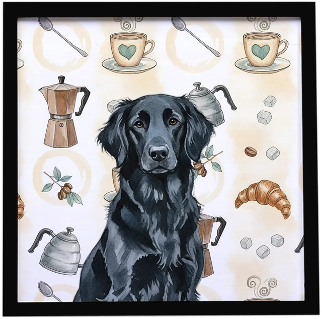 Main image of Black Flat-Coated Retriever Coffee Bar Framed Metal Print Bathroom, Kitchen, Office, Home Decor Wall Art Ready to Hang, Square, 8X8
