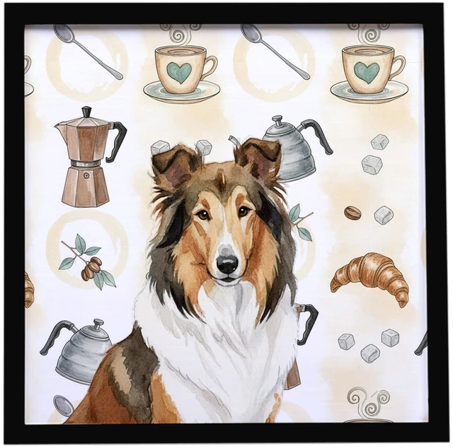 Main image of Sable Collie Coffee Bar Framed Metal Print Bathroom, Kitchen, Office, Home Decor Wall Art Ready to Hang, Square, 8X8