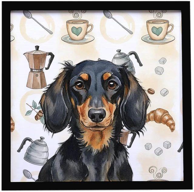 Main image of Longhaired Black and Tan Dachshund Coffee Bar Framed Metal Print Bathroom, Kitchen, Office, Home Decor Wall Art Ready to Hang, Square, 8X8