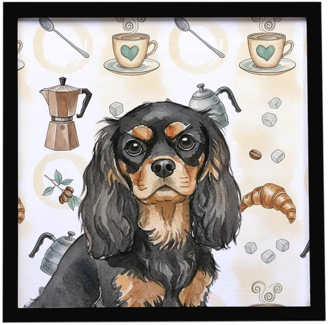 Main image of Black and Tan Cavalier Spaniel Coffee Bar Framed Metal Print Bathroom, Kitchen, Office, Home Decor Wall Art Ready to Hang, Square, 8X8