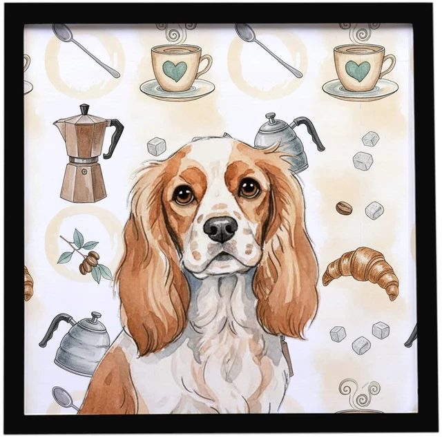 Main image of Blenheim Cavalier Spaniel Coffee Bar Framed Metal Print Bathroom, Kitchen, Office, Home Decor Wall Art Ready to Hang, Square, 8X8