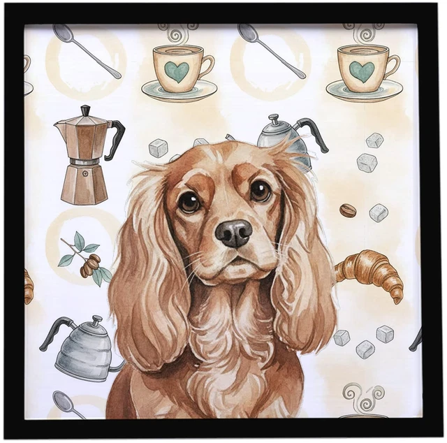 Main image of Ruby Cavalier Spaniel Coffee Bar Framed Metal Print Bathroom, Kitchen, Office, Home Decor Wall Art Ready to Hang, Square, 8X8