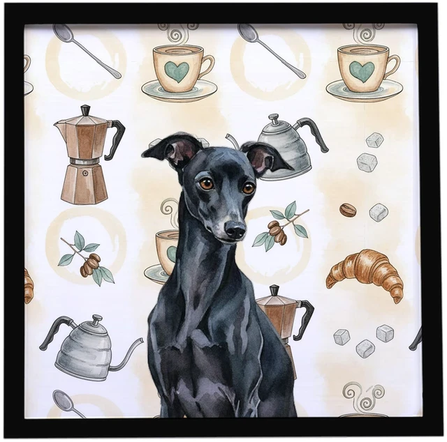 Main image of Black Italian Greyhound Coffee Bar Framed Metal Print Bathroom, Kitchen, Office, Home Decor Wall Art Ready to Hang, Square, 8X8