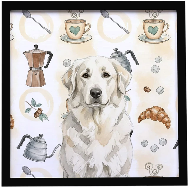 Main image of White Great Pyrenees Coffee Bar Framed Metal Print Bathroom, Kitchen, Office, Home Decor Wall Art Ready to Hang, Square, 8X8