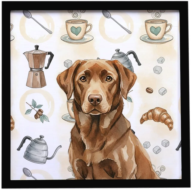 Main image of Chocolate Labrador Retriever Coffee Bar Framed Metal Print Bathroom, Kitchen, Office, Home Decor Wall Art Ready to Hang, Square, 8X8