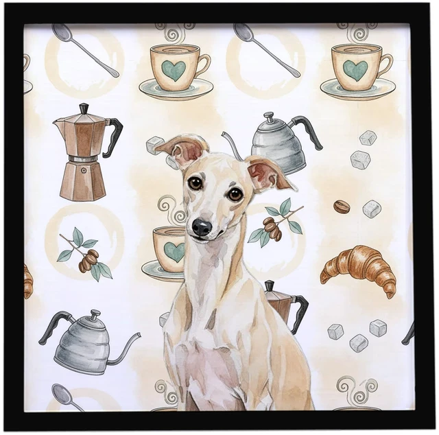 Main image of Cream Italian Greyhound Coffee Bar Framed Metal Print Bathroom, Kitchen, Office, Home Decor Wall Art Ready to Hang, Square, 8X8