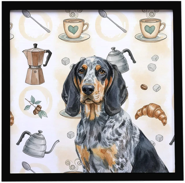 Main image of Bluetick Coonhound Coffee Bar Framed Metal Print Bathroom, Kitchen, Office, Home Decor Wall Art Ready to Hang, Square, 8X8