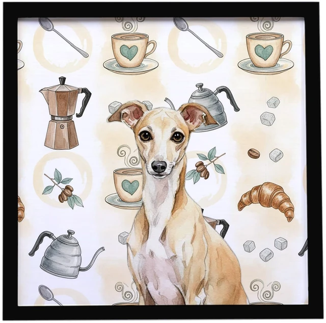 Main image of Fawn Italian Greyhound Coffee Bar Framed Metal Print Bathroom, Kitchen, Office, Home Decor Wall Art Ready to Hang, Square, 8X8