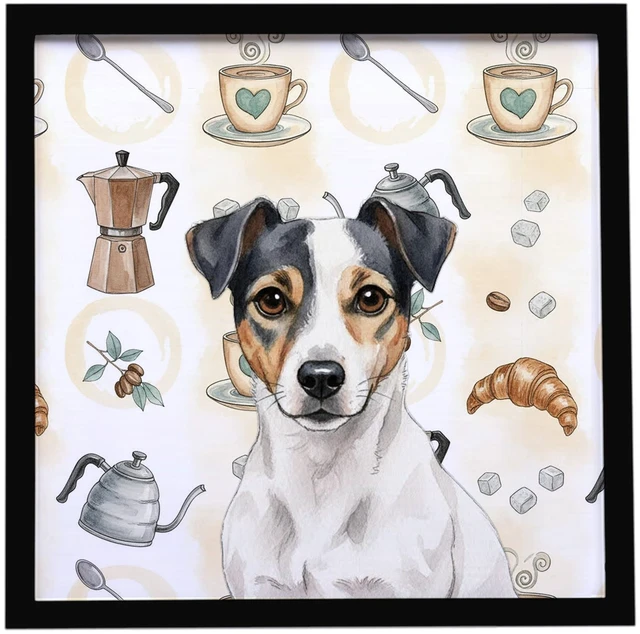 Main image of White and Black Jack Russell Terrier Coffee Bar Framed Metal Print Bathroom, Kitchen, Office, Home Decor Wall Art Ready to Hang, Square, 8X8