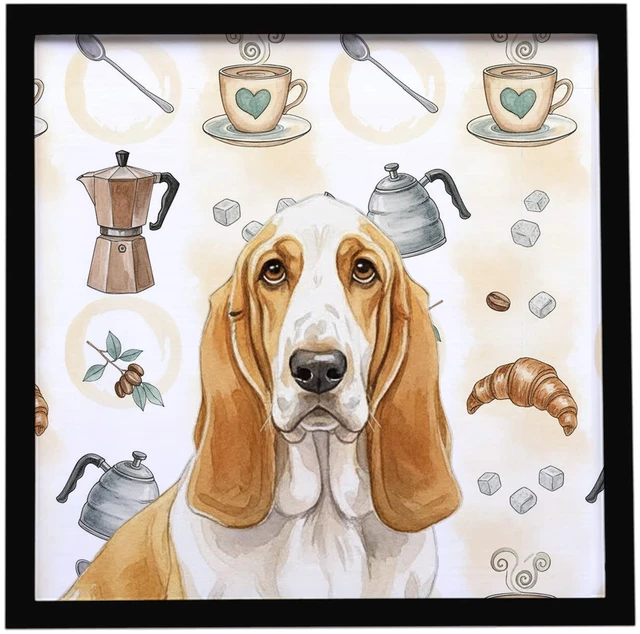Main image of Lemon and White Basset Hound Coffee Bar Framed Metal Print Bathroom, Kitchen, Office, Home Decor Wall Art Ready to Hang, Square, 8X8