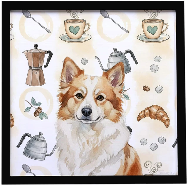Main image of Tan Icelandic Sheepdog Coffee Bar Framed Metal Print Bathroom, Kitchen, Office, Home Decor Wall Art Ready to Hang, Square, 8X8