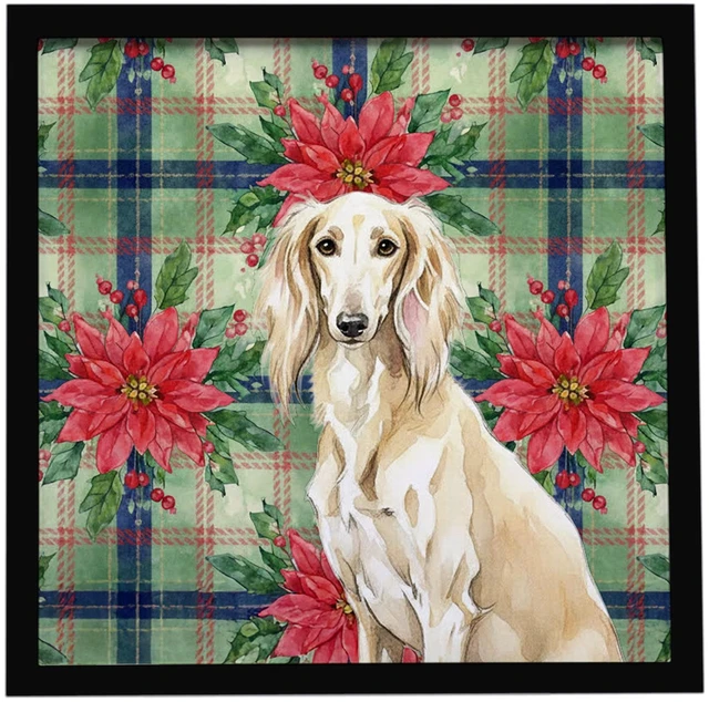 Main image of Cream Saluki Christmas PoinsettIas Framed Metal Print Bathroom, Kitchen, Office, Home Decor Wall Art Ready to Hang, Square, 8X8