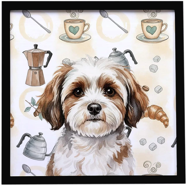 Main image of Parti-color Havanese Coffee Bar Framed Metal Print Bathroom, Kitchen, Office, Home Decor Wall Art Ready to Hang, Square, 8X8
