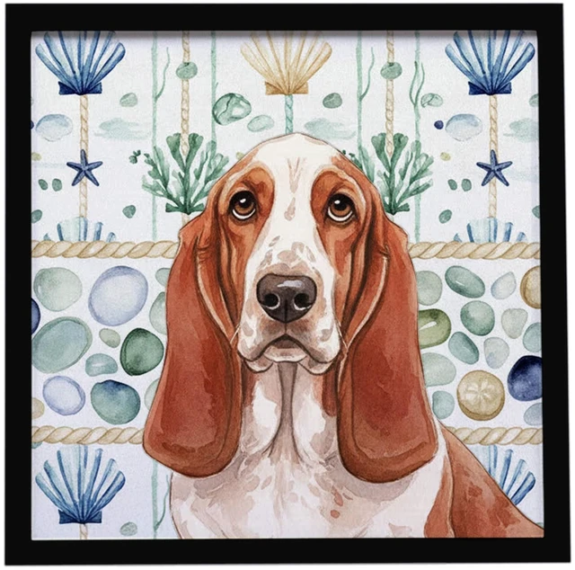 Main image of Red and White Basset Hound Coastal Sea Glass Framed Metal Print Bathroom, Kitchen, Office, Home Decor Wall Art Ready to Hang, Square, 8X8