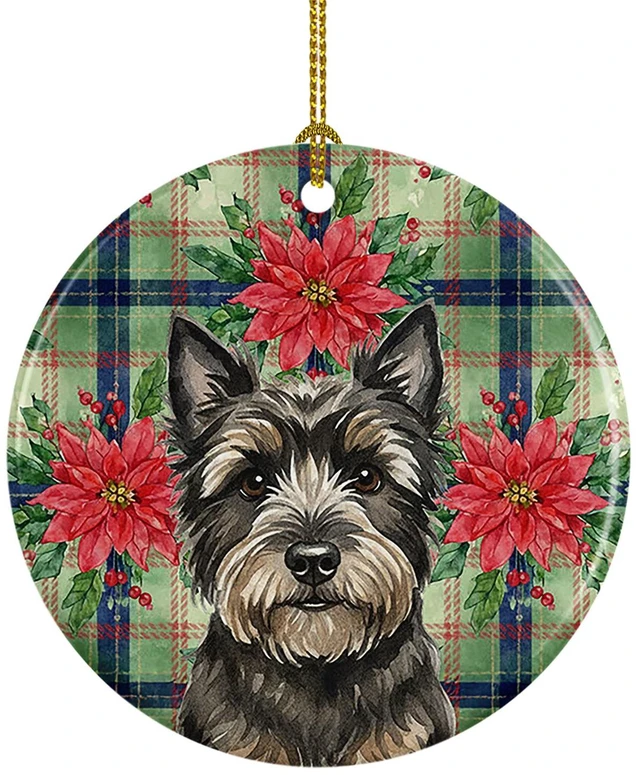 Main image of Black Cairn Terrier Christmas PoinsettIas Ceramic Ornament Christmas Tree Hanging Decorations for Home Christmas Holiday, Party, Gift, 3 in, Multicolor