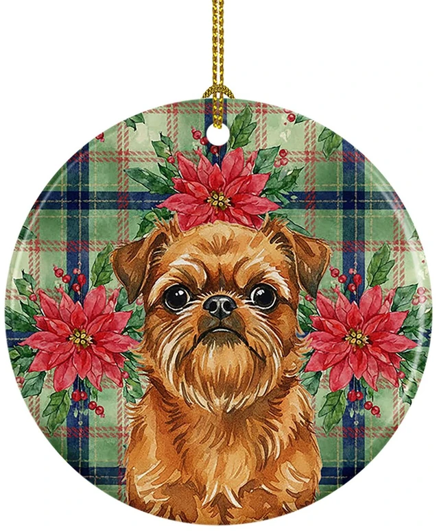 Main image of Belge Brussels Griffon Christmas PoinsettIas Ceramic Ornament Christmas Tree Hanging Decorations for Home Christmas Holiday, Party, Gift, 3 in, Multicolor