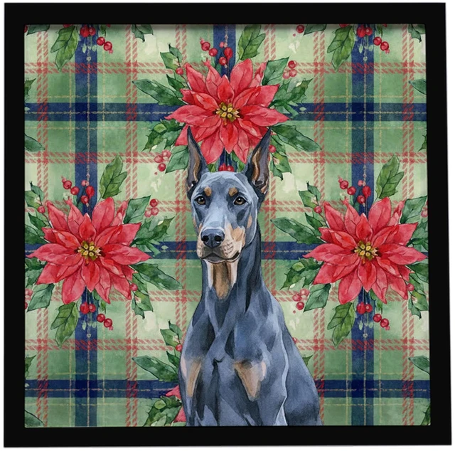 Main image of Blue Doberman Pinscher Christmas PoinsettIas Framed Metal Print Bathroom, Kitchen, Office, Home Decor Wall Art Ready to Hang, Square, 8X8