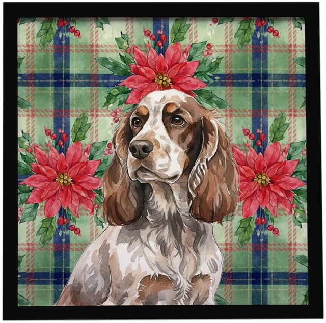 Main image of Liver Roan English Cocker Spaniel Christmas PoinsettIas Framed Metal Print Bathroom, Kitchen, Office, Home Decor Wall Art Ready to Hang, Square, 8X8