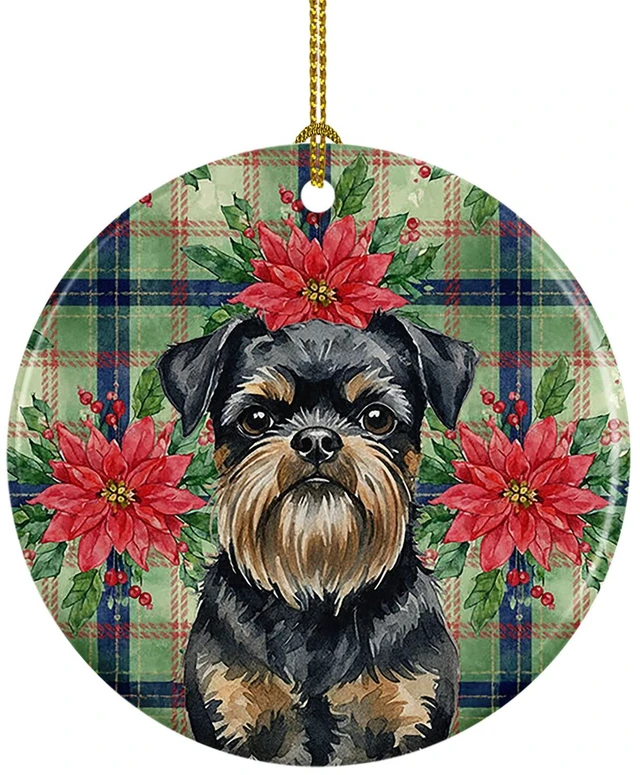 Main image of Black and Tan Brussels Griffon Christmas PoinsettIas Ceramic Ornament Christmas Tree Hanging Decorations for Home Christmas Holiday, Party, Gift, 3 in, Multicolor