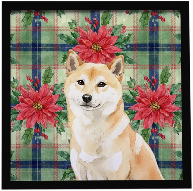Main image of Cream Shiba Inu Christmas PoinsettIas Framed Metal Print Bathroom, Kitchen, Office, Home Decor Wall Art Ready to Hang, Square, 8X8