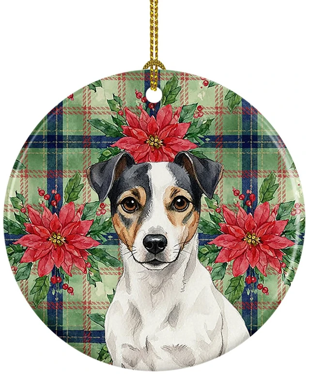 Main image of White and Black Jack Russell Terrier Christmas PoinsettIas Ceramic Ornament Christmas Tree Hanging Decorations for Home Christmas Holiday, Party, Gift, 3 in, Multicolor