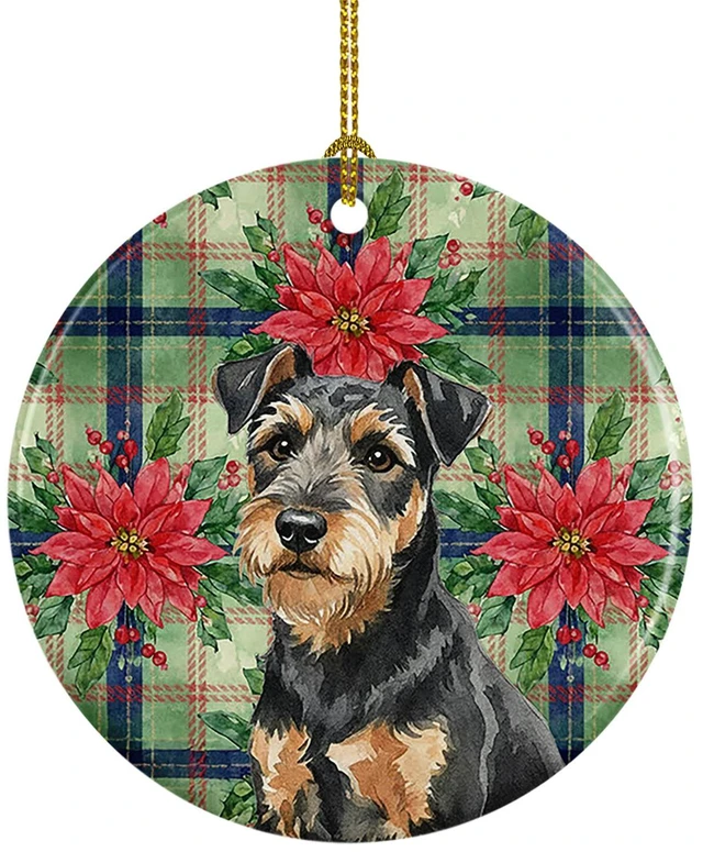 Main image of Black and Tan Lakeland Terrier Christmas PoinsettIas Ceramic Ornament Christmas Tree Hanging Decorations for Home Christmas Holiday, Party, Gift, 3 in, Multicolor