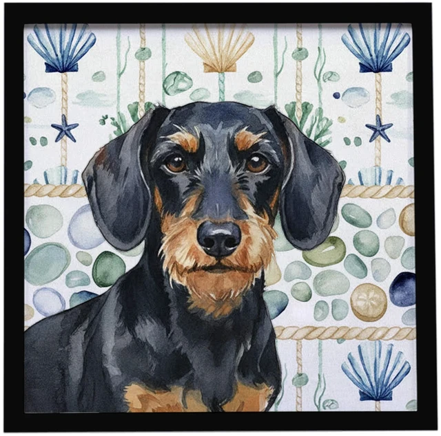Main image of Wirehaired Black and Tan Dachshund Coastal Sea Glass Framed Metal Print Bathroom, Kitchen, Office, Home Decor Wall Art Ready to Hang, Square, 8X8