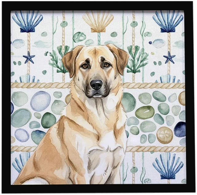 Main image of Anatolian Shepherd Dog Coastal Sea Glass Framed Metal Print Bathroom, Kitchen, Office, Home Decor Wall Art Ready to Hang, Square, 8X8