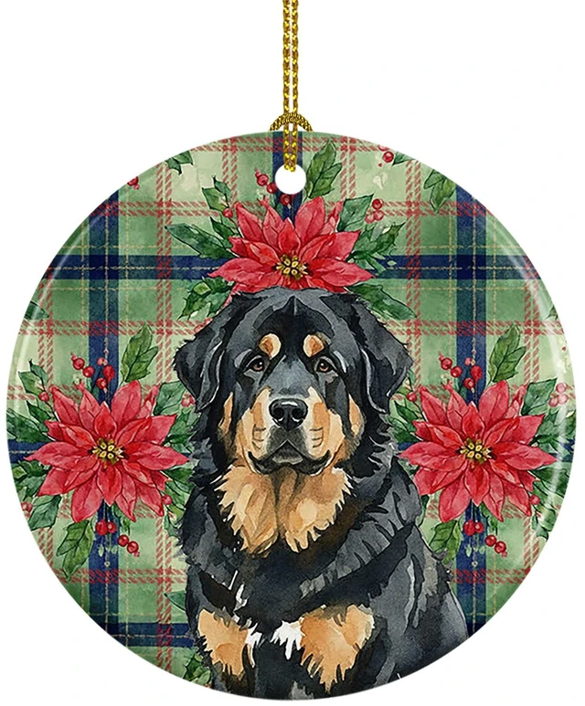 Main image of Black and Tan Tibetan Mastiff Christmas PoinsettIas Ceramic Ornament Christmas Tree Hanging Decorations for Home Christmas Holiday, Party, Gift, 3 in, Multicolor