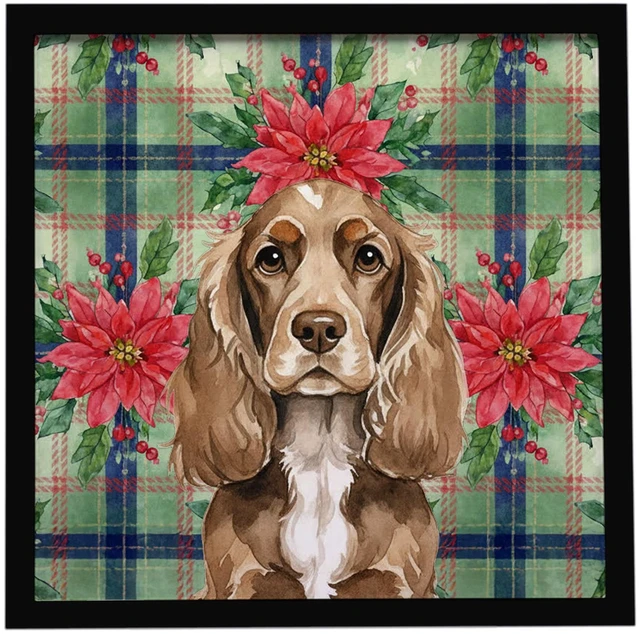 Main image of Chocolate Cocker Spaniel Christmas PoinsettIas Framed Metal Print Bathroom, Kitchen, Office, Home Decor Wall Art Ready to Hang, Square, 8X8