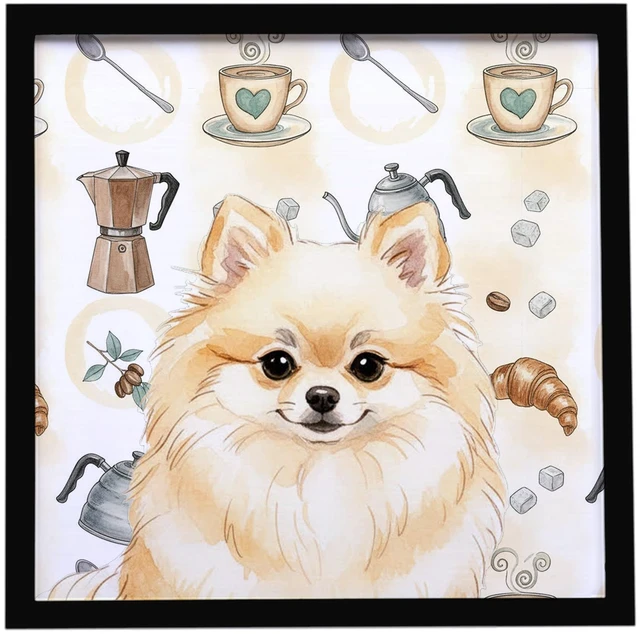 Main image of Cream Pomeranian Coffee Bar Framed Metal Print Bathroom, Kitchen, Office, Home Decor Wall Art Ready to Hang, Square, 8X8