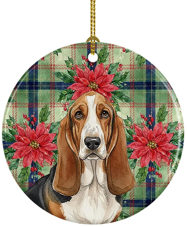 Main image of Tricolor and White Basset Hound Christmas PoinsettIas Ceramic Ornament Christmas Tree Hanging Decorations for Home Christmas Holiday, Party, Gift, 3 in, Multicolor