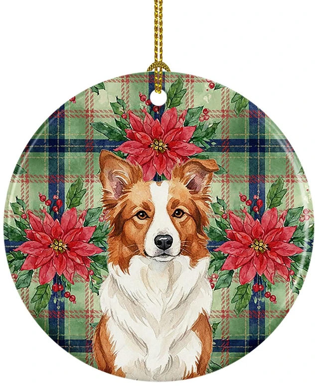 Main image of Red and White Border Collie Christmas PoinsettIas Ceramic Ornament Christmas Tree Hanging Decorations for Home Christmas Holiday, Party, Gift, 3 in, Multicolor