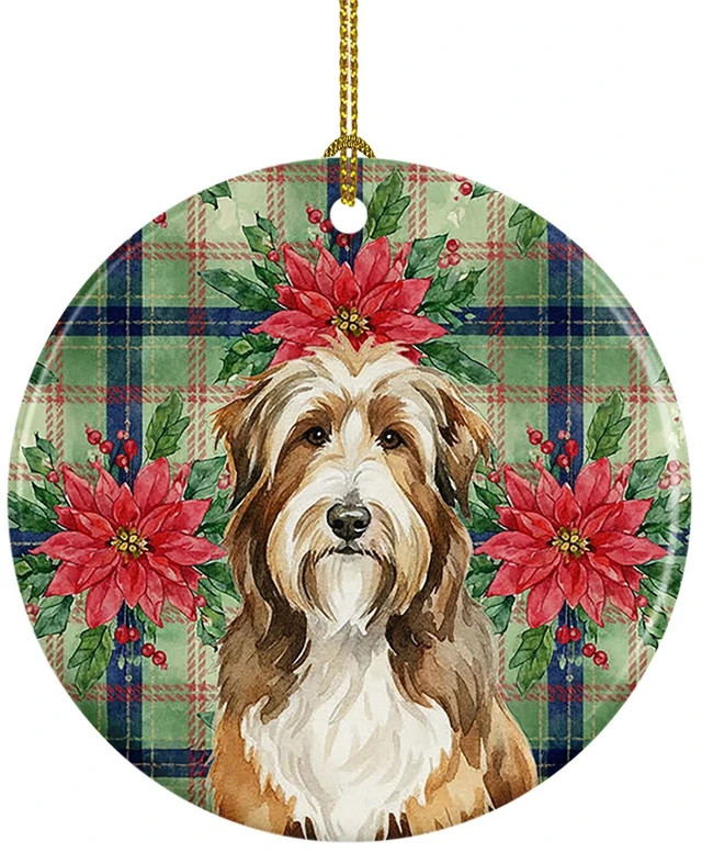 Main image of Brown Bearded Collie Christmas PoinsettIas Ceramic Ornament Christmas Tree Hanging Decorations for Home Christmas Holiday, Party, Gift, 3 in, Multicolor