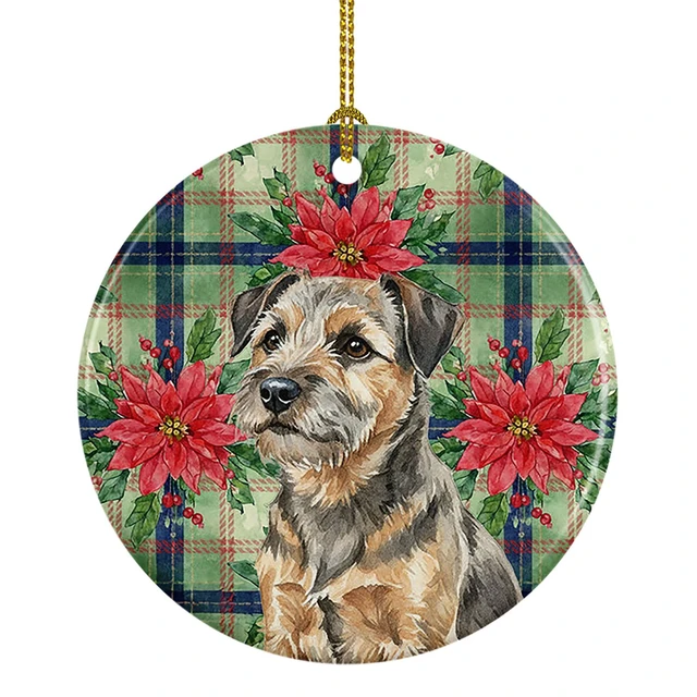 Main image of Grizzle and Tan Border Terrier Christmas PoinsettIas Ceramic Ornament Christmas Tree Hanging Decorations for Home Christmas Holiday, Party, Gift, 3 in, Multicolor