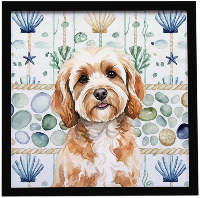 Main image of Cavapoo Coastal Sea Glass Framed Metal Print Bathroom, Kitchen, Office, Home Decor Wall Art Ready to Hang, Square, 8X8