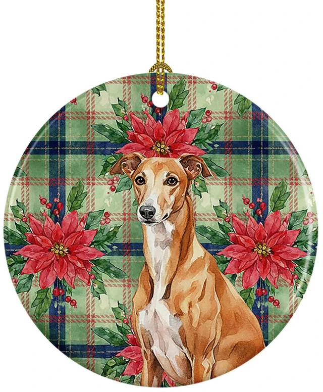 Main image of Red Greyhound Christmas PoinsettIas Ceramic Ornament Christmas Tree Hanging Decorations for Home Christmas Holiday, Party, Gift, 3 in, Multicolor