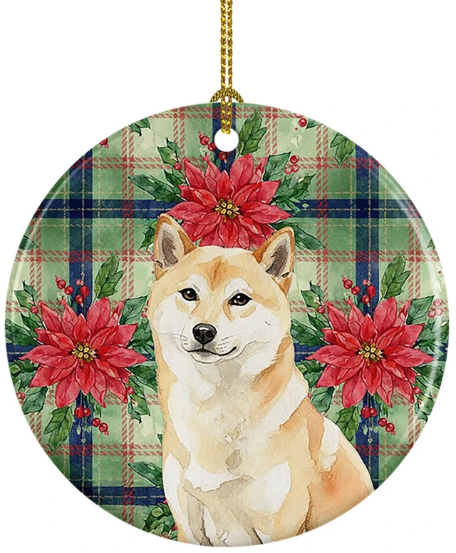 Main image of Cream Shiba Inu Christmas PoinsettIas Ceramic Ornament Christmas Tree Hanging Decorations for Home Christmas Holiday, Party, Gift, 3 in, Multicolor