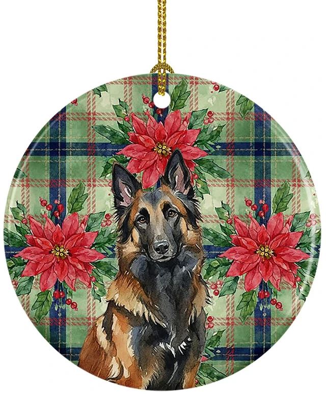 Main image of Belgian Tervuren Christmas PoinsettIas Ceramic Ornament Christmas Tree Hanging Decorations for Home Christmas Holiday, Party, Gift, 3 in, Multicolor